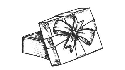 Wall Mural - opened gift box and decorated ribbon retro vector. empty wooden present box with beautiful bow. orna