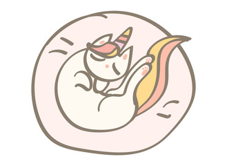 Cute hand drawn vector doodle of a cat unicorn sleeping. Comics style art, t shirt print.