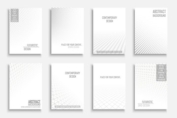 Wall Mural - Collection of vector abstract contemporary geometric templates, covers, placards, brochures, banners, flyers, backgrounds. White futuristic creative 3d design with grid and striped vision perspective