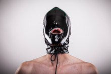 Man With Latex Mask On Head Isolated On Gray Background Open Mouth