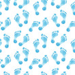 Blue baby boy footprint, watercolor hand drawn seamless pattern isolated on white color
