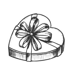 Wall Mural - gift box in heart form with ribbon ink vector. valentine day decorative surprise present box. romant