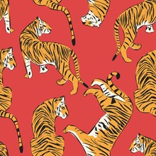 Hand Drawn Tiger Seamless Pattern, Big Cats In Different Position, Orange Tigers On Red, Exotic Background, Flat Vector Illustration