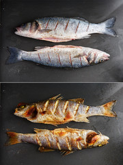 Wall Mural - Raw and grilled sea bass fish on black plate. Before and after preparation. Food photography