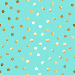 Wall Mural - Vector seamless pattern with gold polka dots on mint background