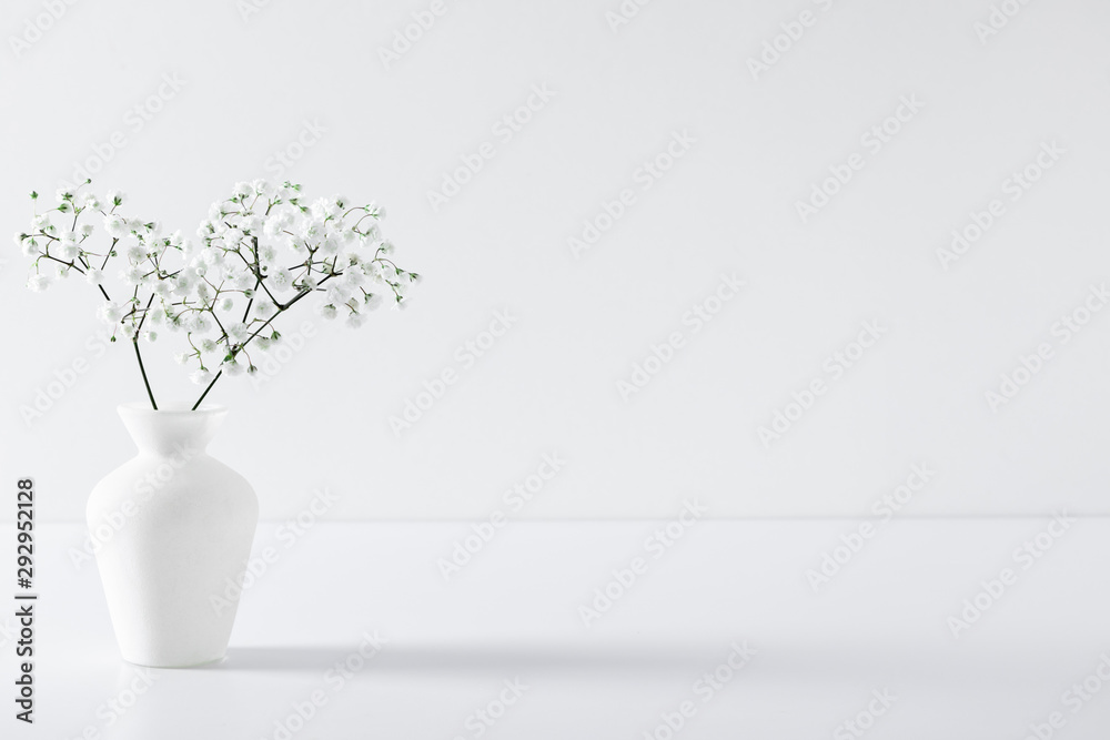Home interior floral decor. Elegant floral soft white composition. Beautiful white gypsophila flower in vase on white wall background. - obrazy, fototapety, plakaty 