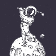 Wall Mural - Astronaut with a golf club. The game of golf. Illustration on the theme of astronomy.