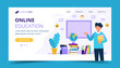 © Biscotto Design - Online education landing page. Male teacher with books and chalkboard. Concept illustration for school, education, university. Vector illustration in flat style