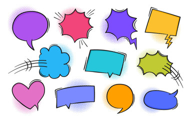Fototapete - Super set retro colorful comic book text speech bubble in pop art style with halftone and lightning bolts. Talk chat retro speak message. Empty white blank comment