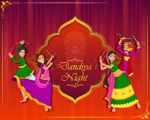 Poster - Couple performing Garba dance in Dandiya Raas for Dussehra or Navratri in vector