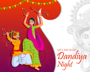 Poster - Couple performing Garba dance in Dandiya Raas for Dussehra or Navratri in vector