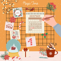 Christmas Advent Calendar, Day 1. December calendar on the Christmas moodboard. Vector Illustration