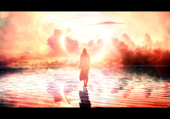 Artistic illustration of a female jesus walking on water towards paradise