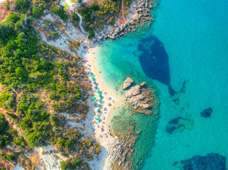 Spectacular aerial view of a beautiful  beach bathed by a clear and turquoise sea in Greece. Whale shape in sea from rocks. Xigia Sulfur