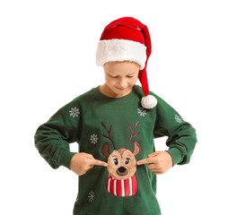 Sticker - Little boy in Christmas sweater and Santa hat on white background