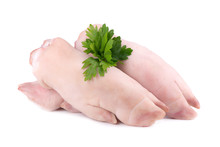 Raw Pork Legs With A Sprig Of Parsley, Isolated On A White Background. Fresh Pig Hooves.