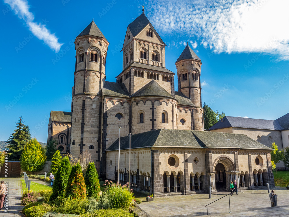 Maria Laach Abbey, a Benedictine abbey on the southwestern shore of the Laacher See, Lake Laach near Andernach, Eifel region, Rhineland-Palatinate Germany - obrazy, fototapety, plakaty 