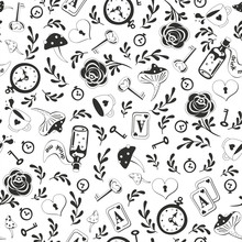 Cute Black Seamless Pattern With Key, Clock, Roses On White Background. Alice In Wonderland Background For Fabric, Wrapping, Wallpaper. Decorative Print. Vector Illustration