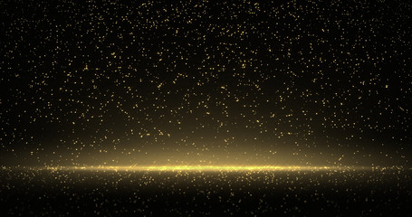 Leinwandbilder - Golden glitter rain, gold particles sparkling lights. Bokeh light sparks and shimmer glow on luxury black and gold background