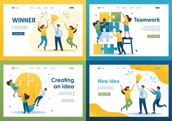 Poster - set flat 2d concepts winner, teamwork, creating an idea, new idea. for landing page concepts and web