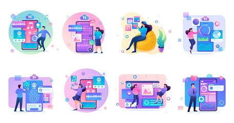 Poster - large set of concepts of work of young people on smartphones, tablets. for concept for web design