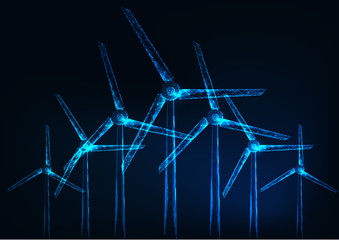 Futuristic glowing low polygonal windmill farm on dark blue background.