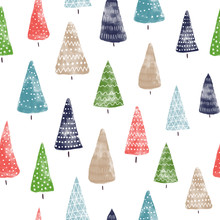 Seamless Background Watercolor Christmas Trees Hand Drawn. Decorative Hand Painted Holiday Pattern. Winter Holiday Design For Fabric, Gift Wrap, Card Decoration, Wallpaper, Digital Scrapbooking
