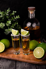 Wall Mural - Mexican Gold Tequila with lime and salt on black background with copyspace.