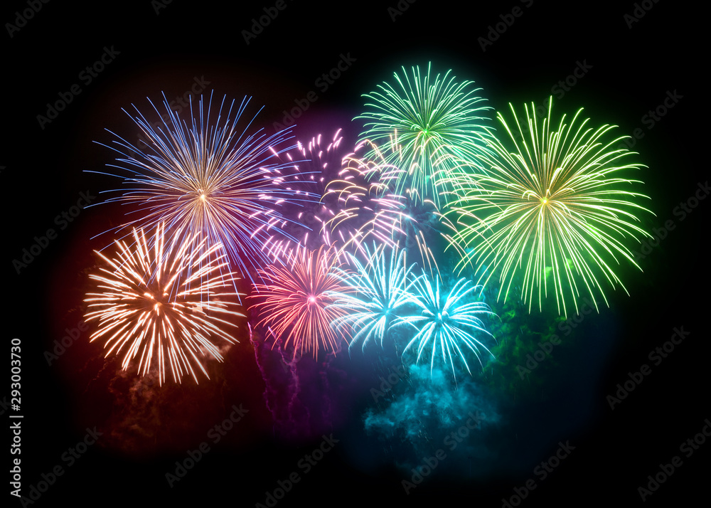 A large and bright fireworks display filling the night sky with glitter and sparks. Celebration background. - obrazy, fototapety, plakaty 