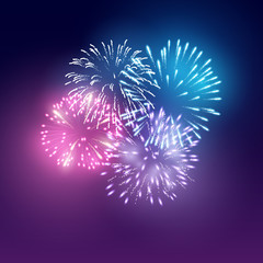 Wall Mural - A group of realistic bright fireworks lighting up the night sky. Vector illustration