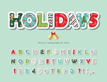Christmas Cut Out Decorative Font. Scrapbook Paper With Stitching. All Patterns Are Full Under Clipping Mask. For Posters, Banners, Greeting Cards. Vector