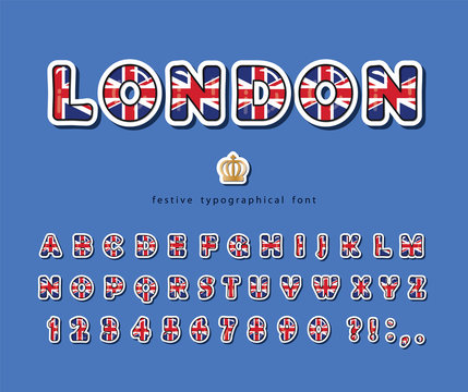 London font. British national flag colors. Bright english alphabet for language school or tourism design. Vector