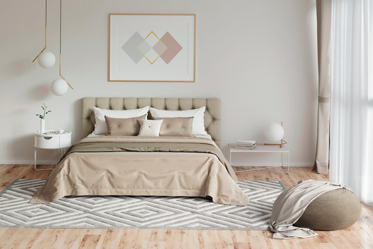 3d illustration. Cozy bedroom in warm colors with painting, a nightstand, a pouf, and a plaid. Front view