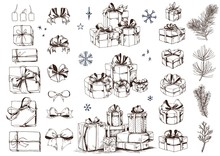 Gift Box Sketch. Big Set Of Present Boxes, Ribbon Bows And Christmas Branches. Hand Drawn Vector Illustration.