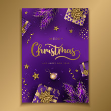 Christmas Card With Gifts, Pine Branches And Festive Balls. Unique Design For Banner, Poster Or Invitation