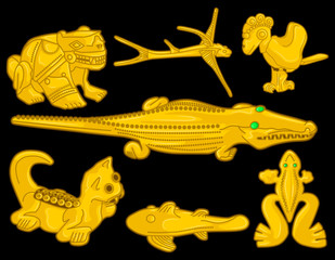 Ancient Colombian golden animal heads of some pre hispanic native cultures with emeralds,Vector Illustration Set in black background. (Sinú, Tairona, Muisca, Tolíma, Quimbaya, Calima) - Vector