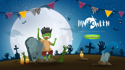 Wall Mural - Little Cute Zombie on Dark night background.Banner of Happy Halloween Day. Creative and Modern design in EPS10 Vector Illustration.