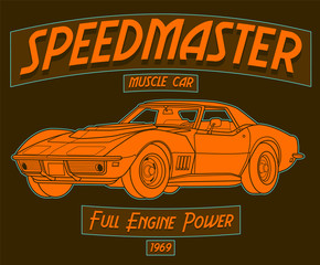 Wall Mural - Speedmaster Muscle Car, full engine power vintage 1969 art with brown background .This design is suitable for old style or classic car garage, shops, repair. Also for car tshirts, stamps and hot rods