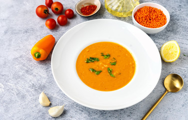 Wall Mural - Close up of a plate with creamy winter lentil soup