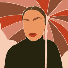 The Woman's Face With Umbrellas Minimal Style. Abstract Contemporary Collage In A Modern Trendy Style. Vector Portrait Of A Female. For Beauty Concept, T-Shirt Print, Card, Poster, Social Media Post