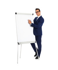 Wall Mural - Professional business trainer near flip chart on white background