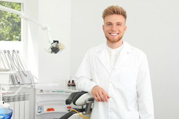 Poster - Portrait of professional dentist in modern clinic. Space for text