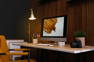 Aufkleber - Modern computer on desk in room. Home workplace