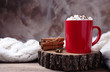 Composition of tasty cocoa with marshmallows in cup on wooden table. Space for text