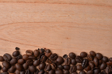 Background coffee beans on wood with empty space for text