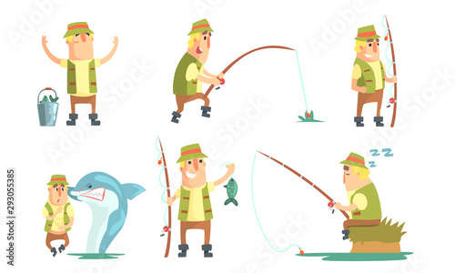 Cuadros en Lienzo Fisherman Catching Fish with Fishing Rod Set, Funny Male Fisher Cartoon Characte