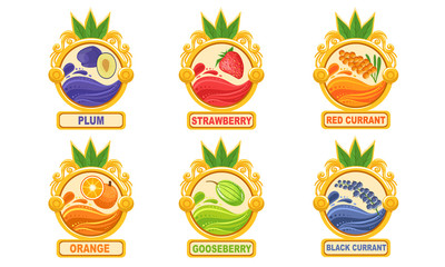 Sticker - Organic Jam Labels Set, Plum, Strawberry, Red Currant, Orange, Gooseberry, Black Currant Stickers Vector Illustration