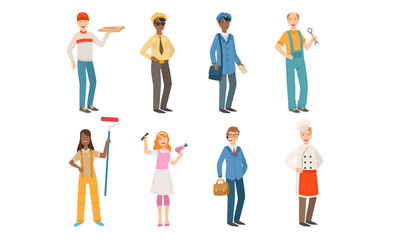 Poster - People of Different Professions Set, Courier, Taxi Driver, Postman, Locksmith, Painter, Hairdresser, Businessman, Cook Vector Illustration