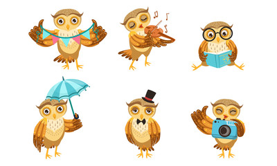 Sticker - Cute Owl Cartoon Character Set, Adorable Funny Owlet Bird Different Activities Vector Illustration