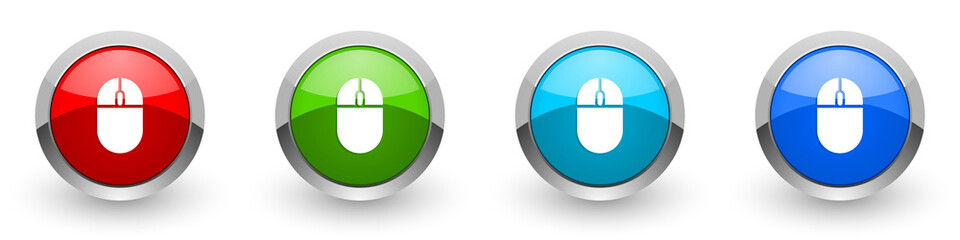 Poster - Mouse, computer silver metallic glossy icons, red, set of modern design buttons for web, internet and mobile applications in four colors options isolated on white background
